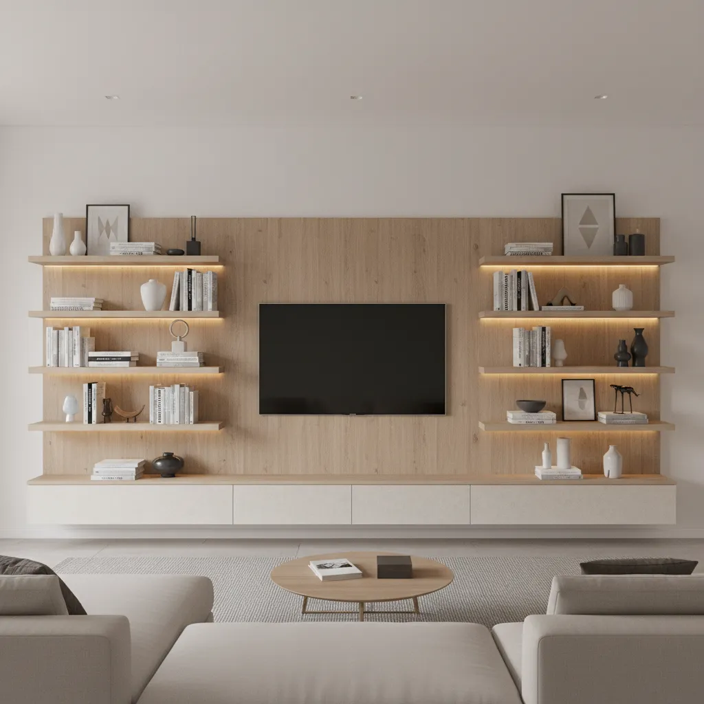 Living room TV wall with floating shelves spaced around mounted television