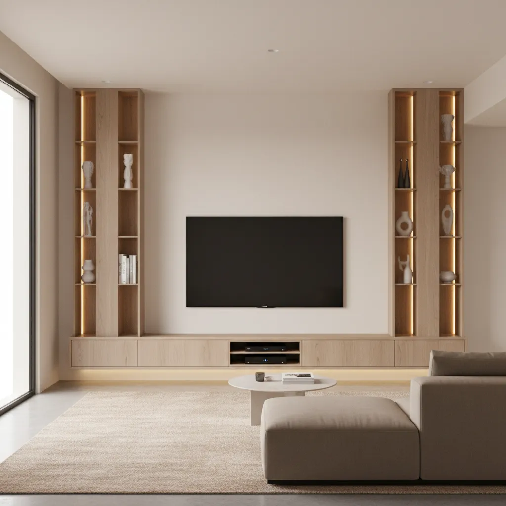 Wall mounted TV with vertical shelving storage in compact living room