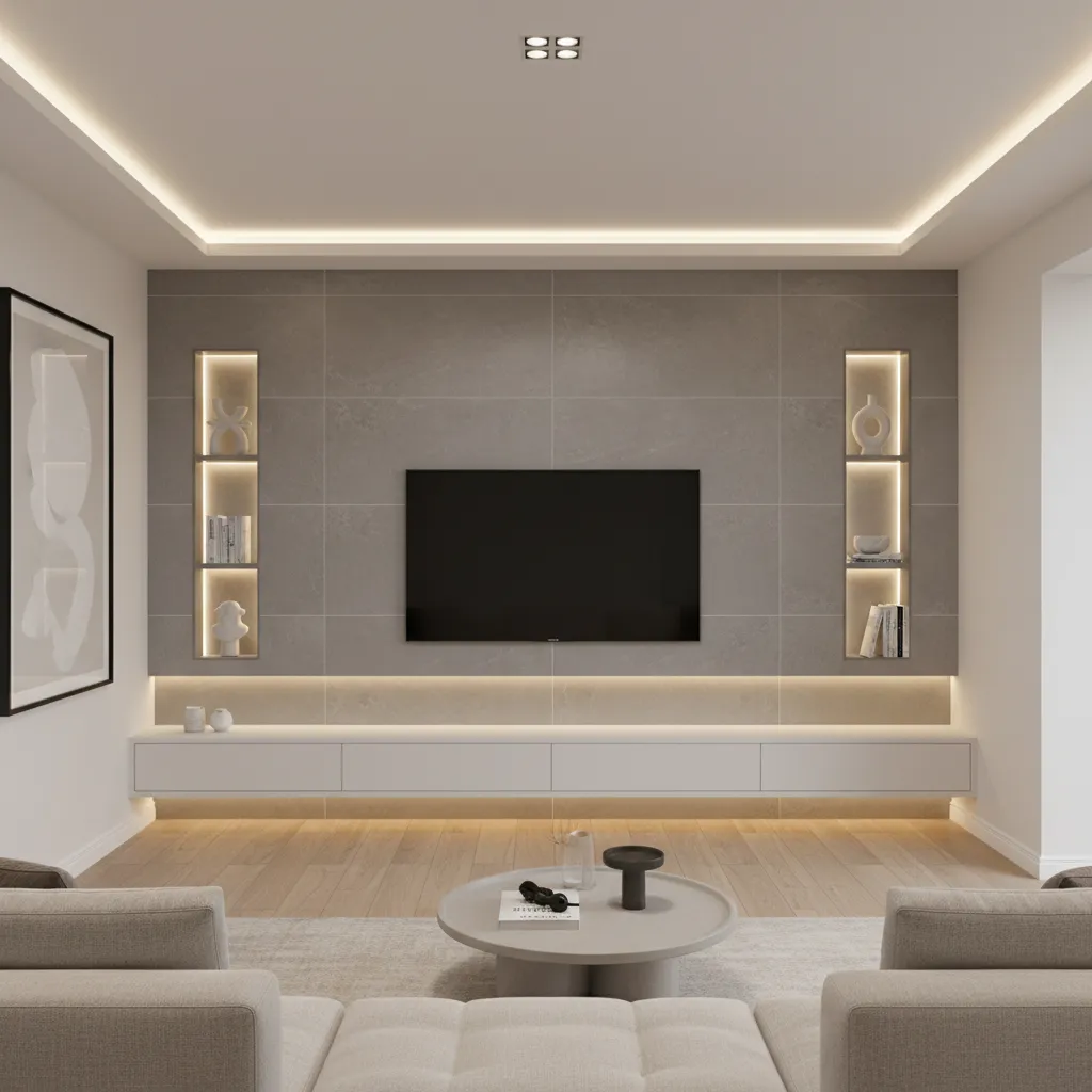 TV wall tile layout with lighting and floating console design