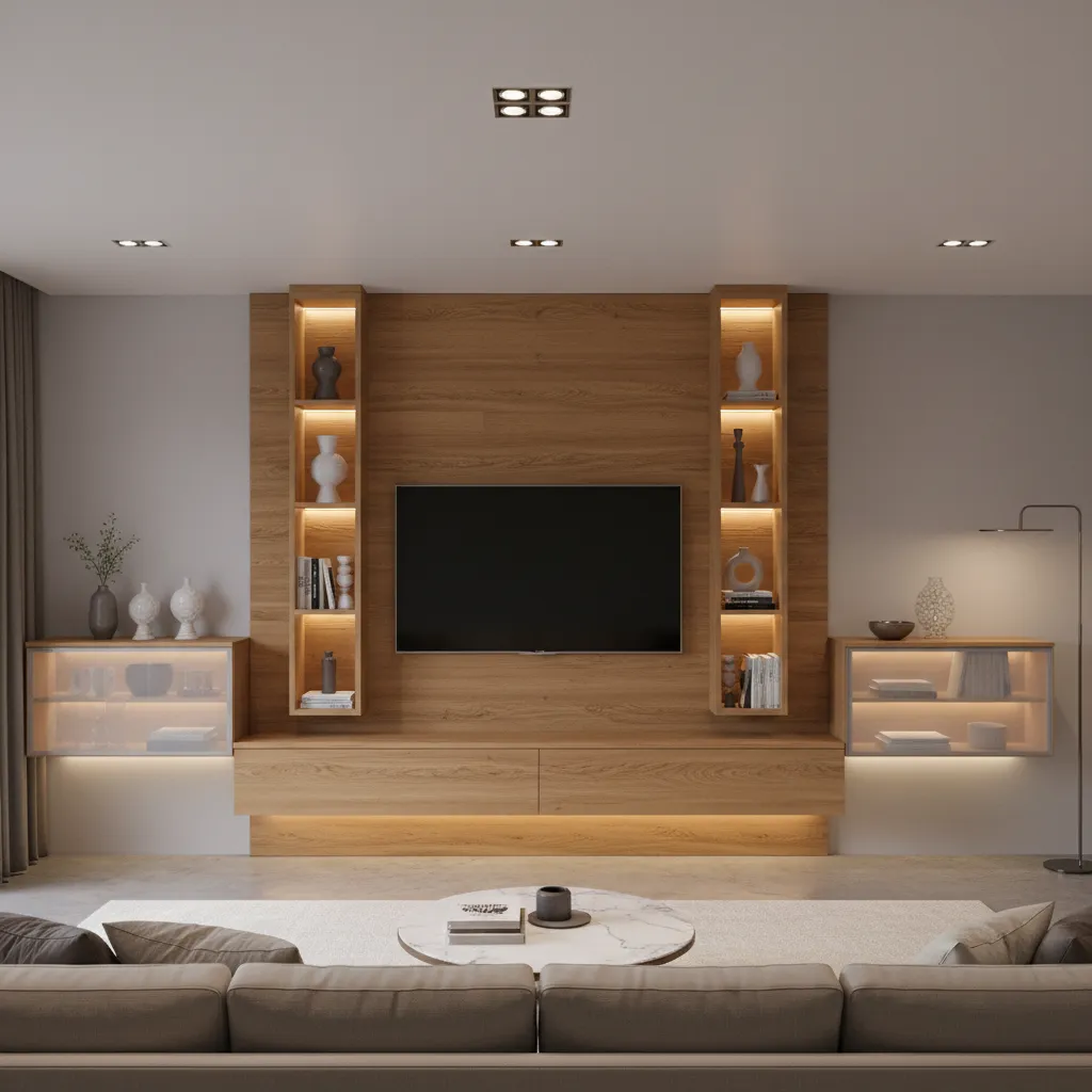 modern tv wall with integrated wall mounted showcase shelves