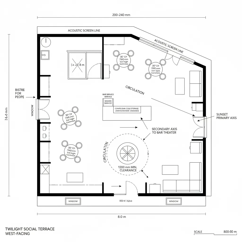Interior design drawing showing a square social terrace room layout with tables chairs and sofa