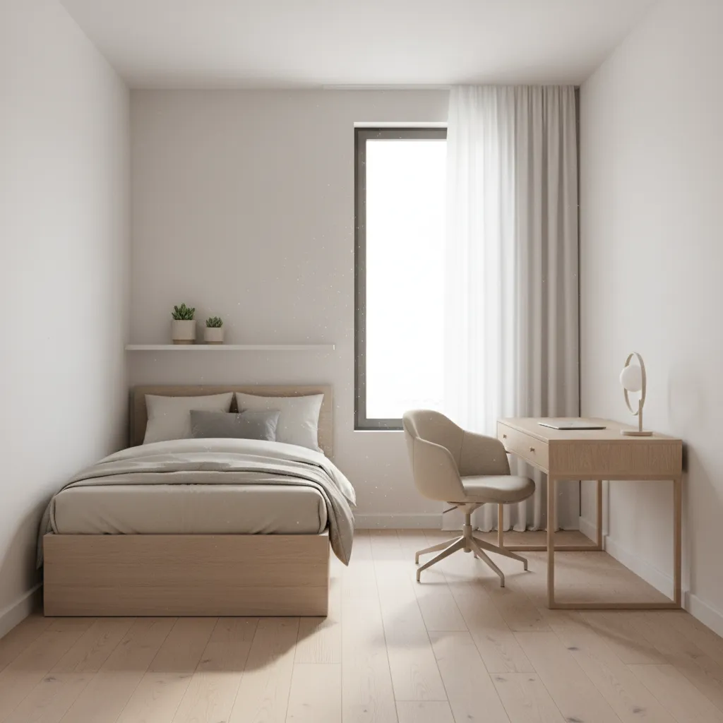 twin bed layout in a 9x12 bedroom with desk and open space