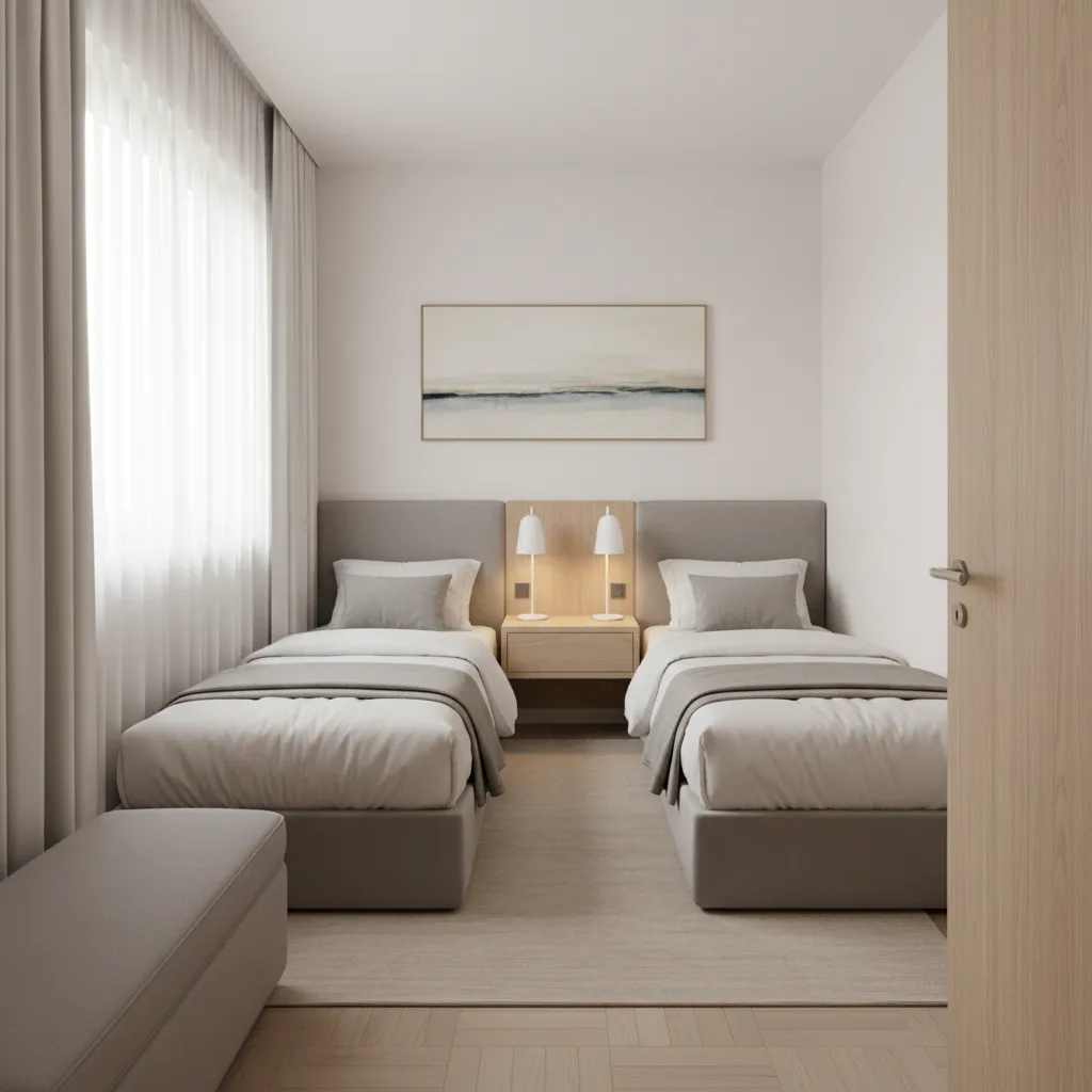 small bedroom twin beds positioned to keep door and closet access clear