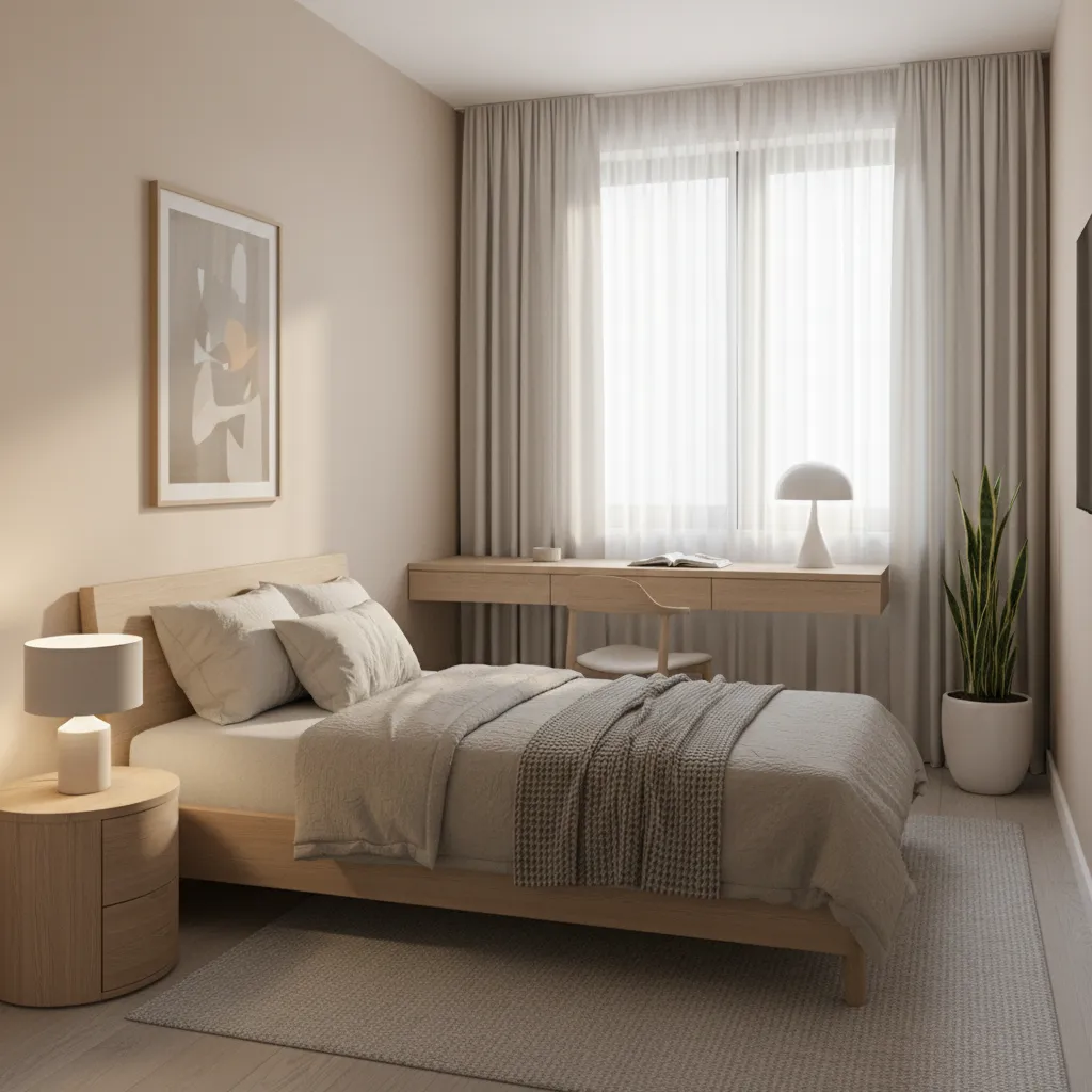 Tiny bedroom showing twin bed placed lengthwise along wall