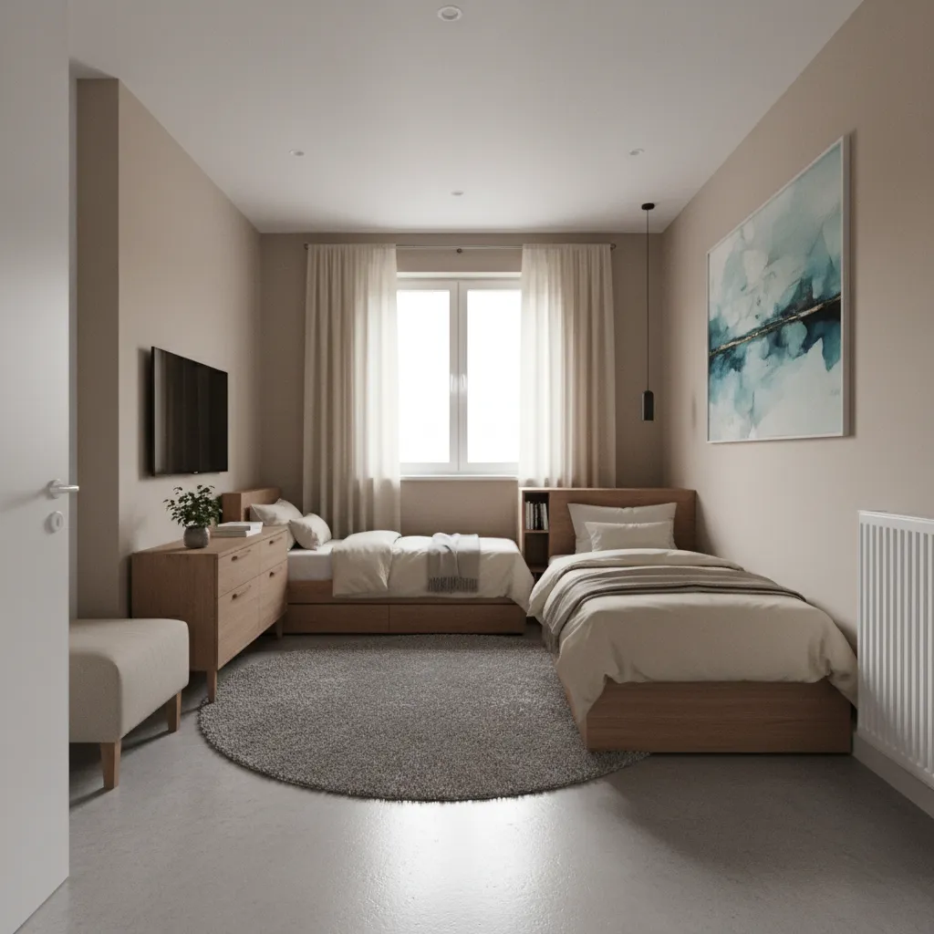 twin beds arranged safely away from window and door in small bedroom