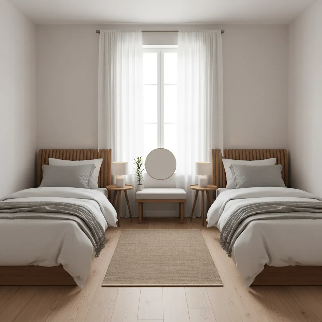 Small bedroom layout showing two twin beds placed along opposite walls with open walkway