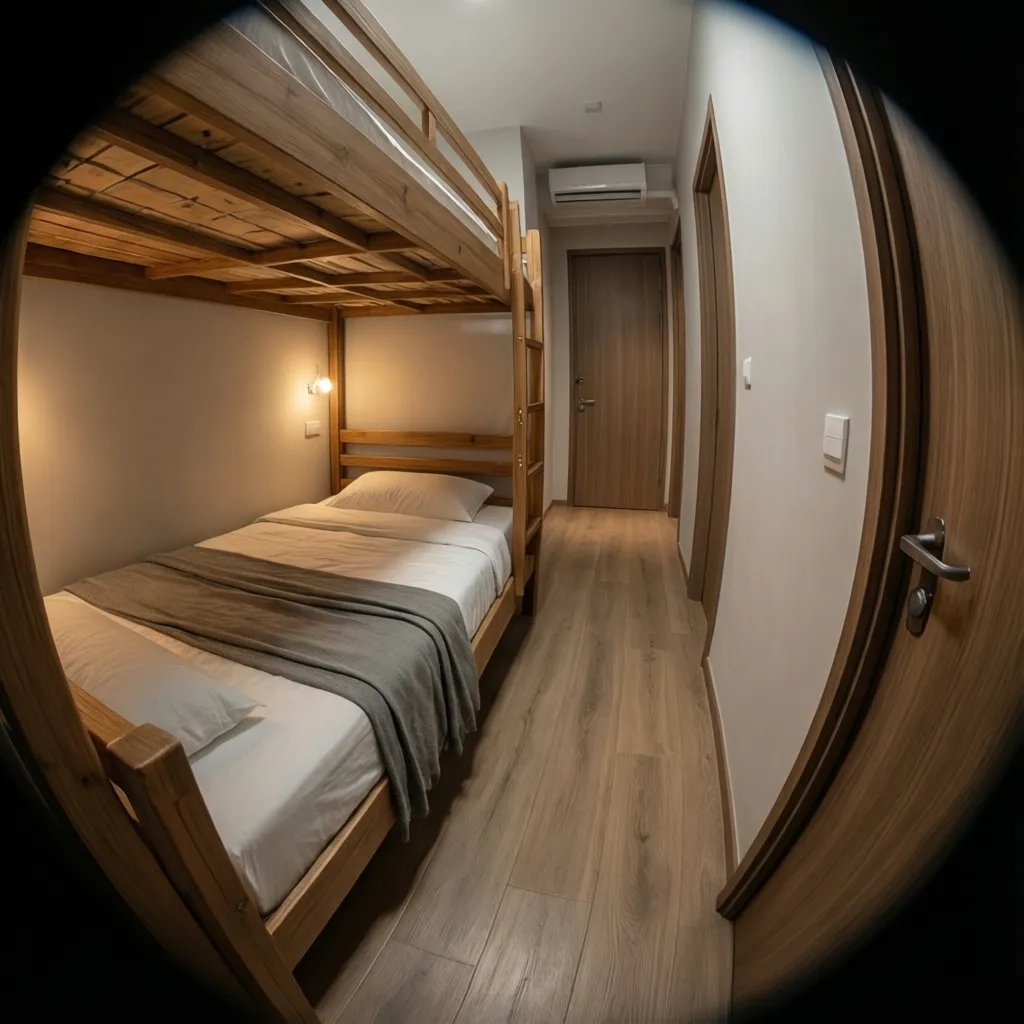Twin bed placement inside a very small bedroom showing circulation space