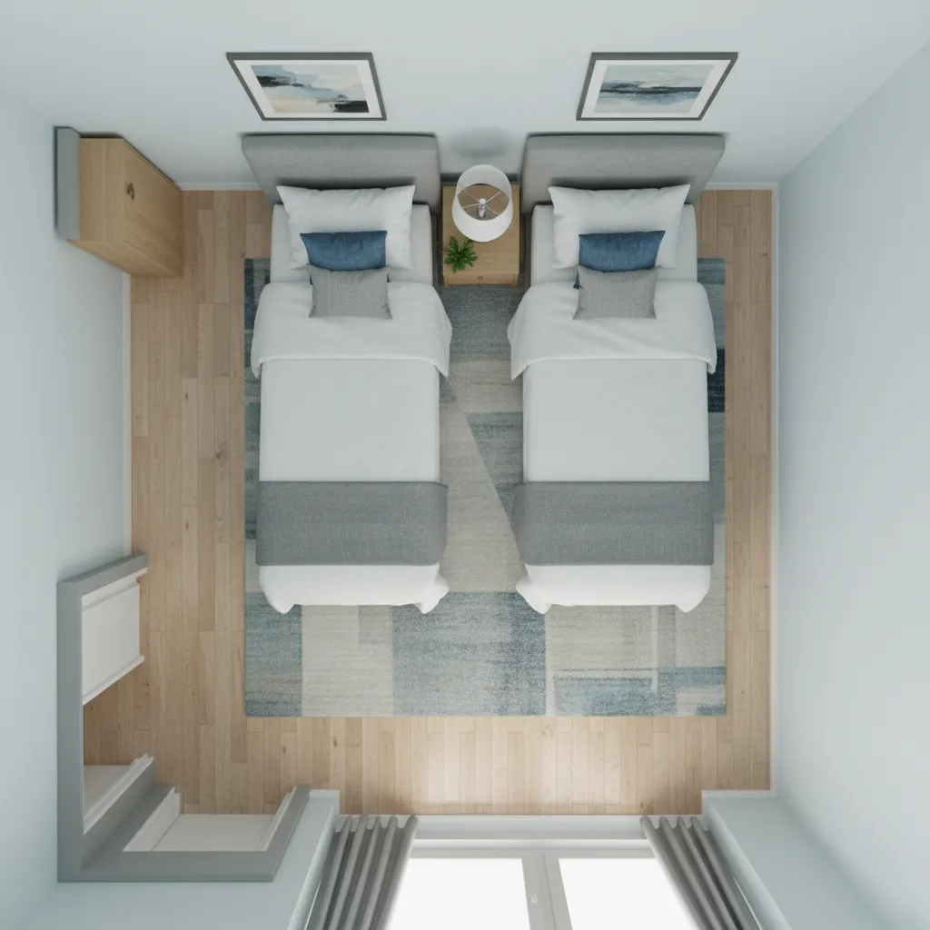 Spacing between two twin beds with shared nightstand in hotel room