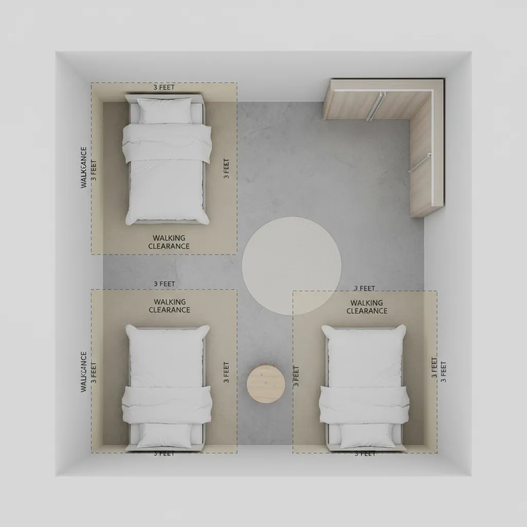 bedroom layout diagram showing minimum walking space around twin beds