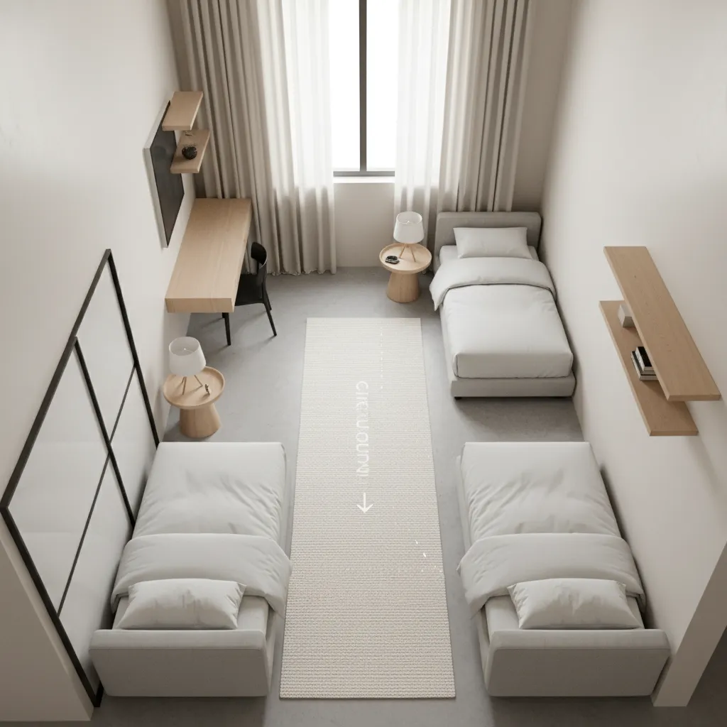 Bedroom layout showing walking clearance between two twin beds
