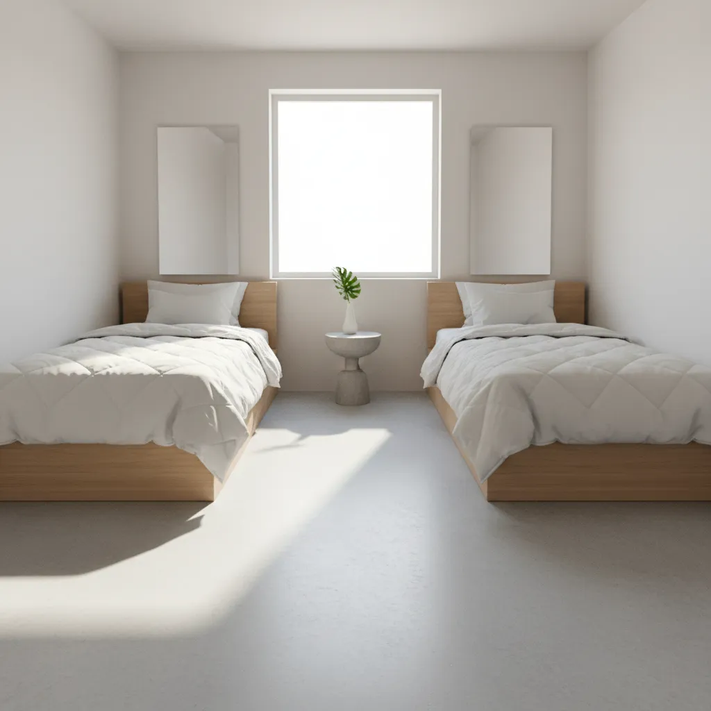 Twin beds repositioned to create a clear walkway along the wall