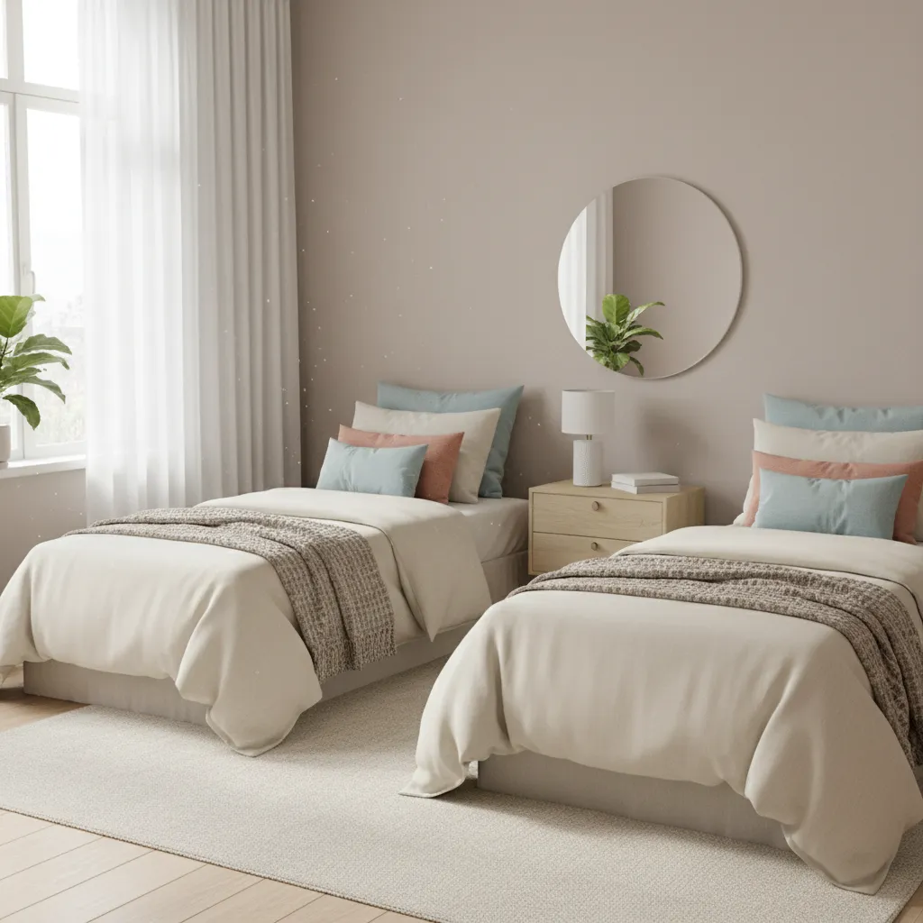 twin beds with neutral bedding and small accent color pillows in a compact bedroom