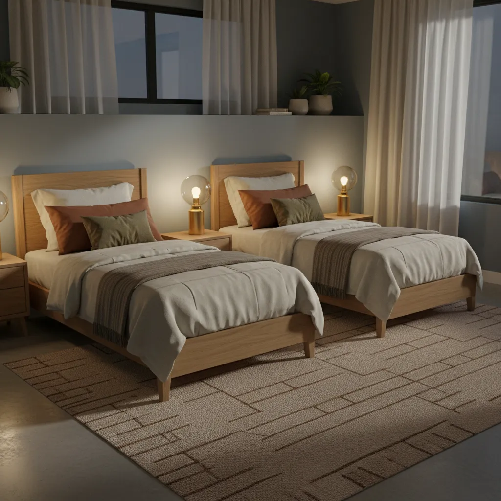 Twin bedroom at night with warm bedside lighting creating color harmony