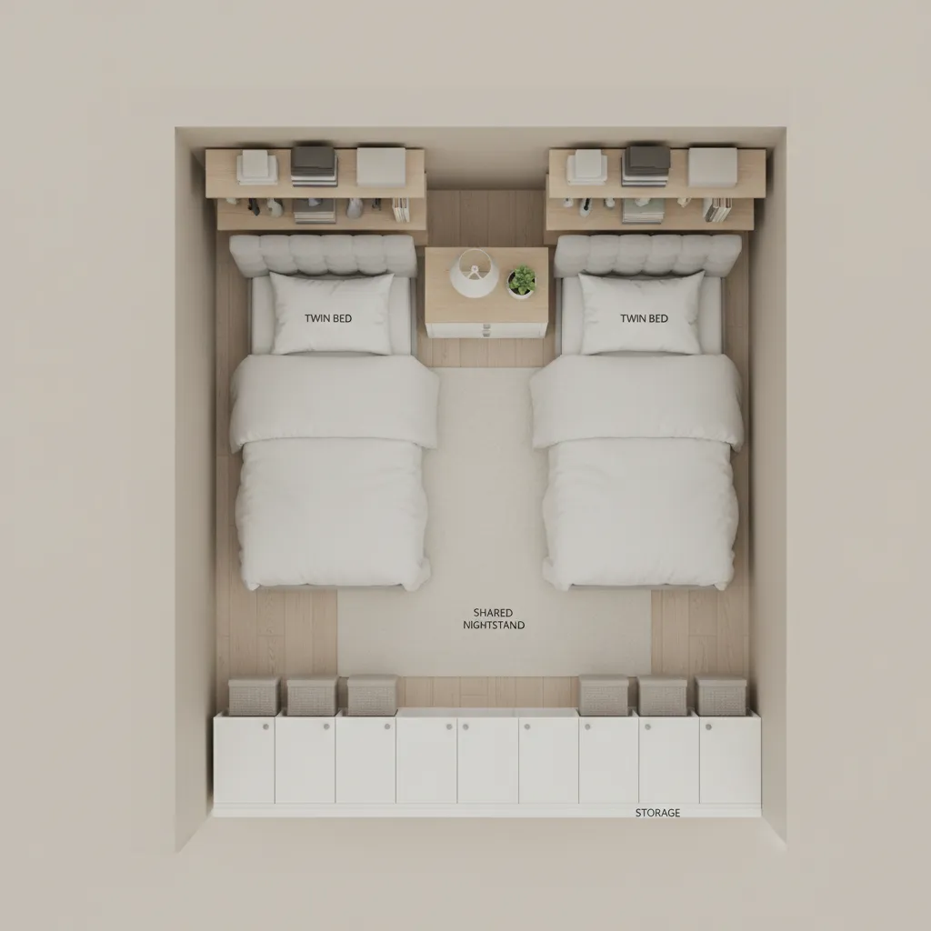 Top view twin bedroom layout showing storage placement