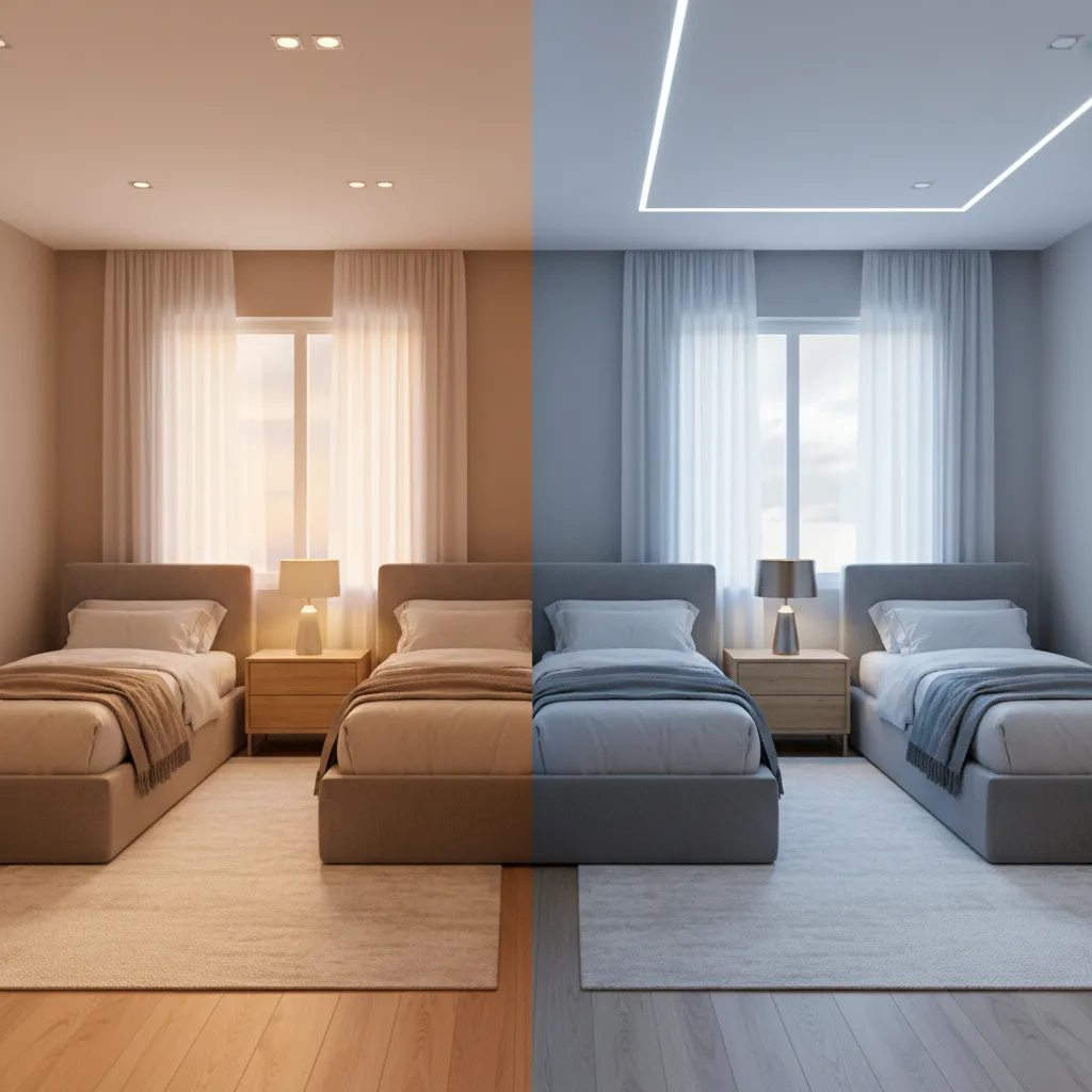 Comparison of twin bedroom colors under different lighting conditions