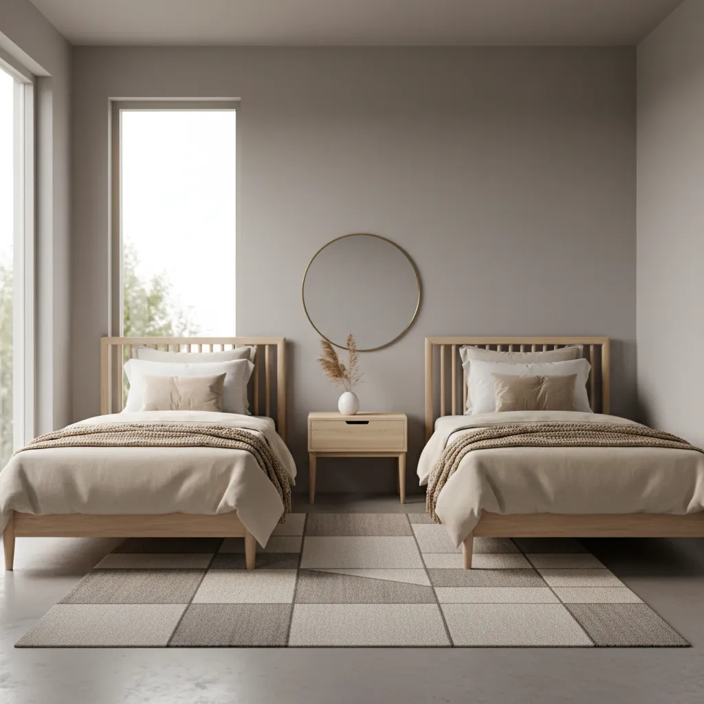 Twin bedroom with neutral color palette and balanced furniture layout