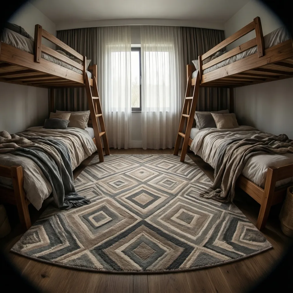 Twin bedroom with large patterned rug connecting bed frame and bedding colors