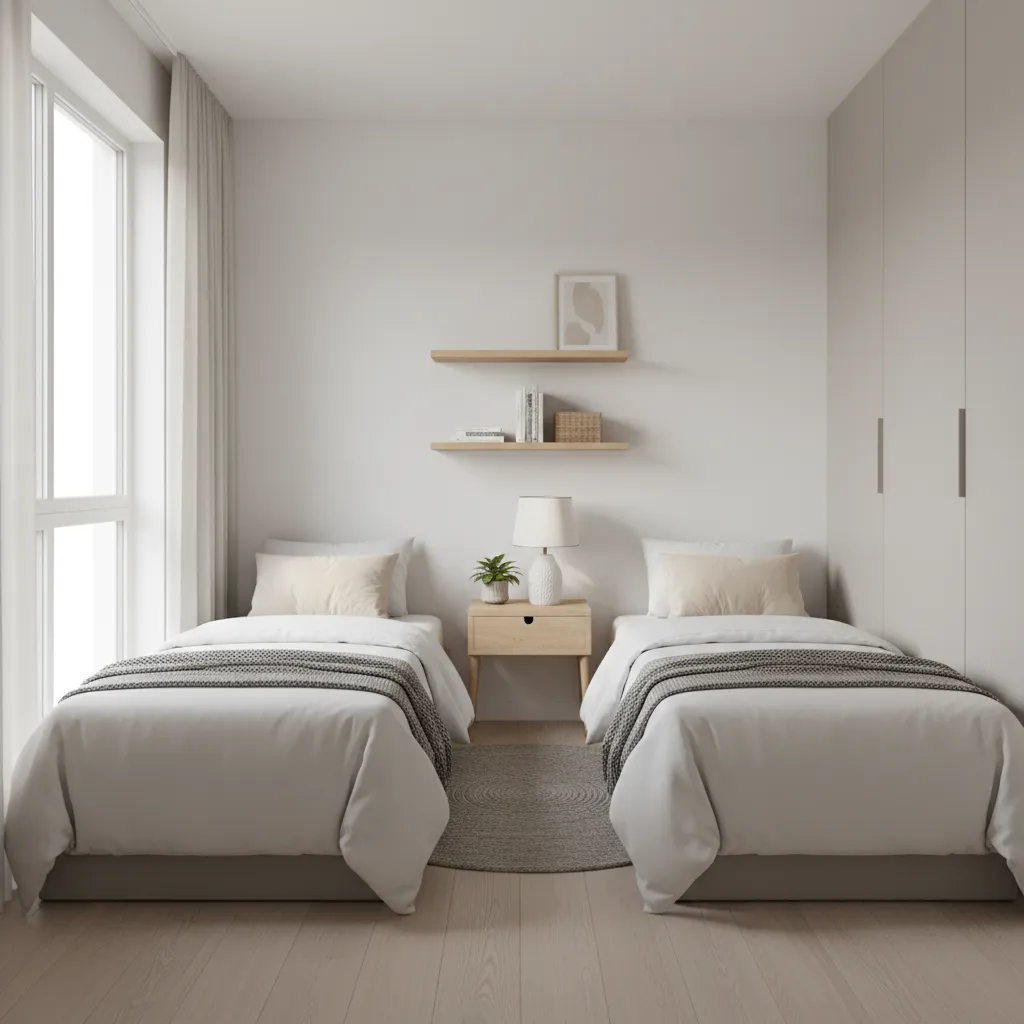 Small shared bedroom with twin beds and organized storage