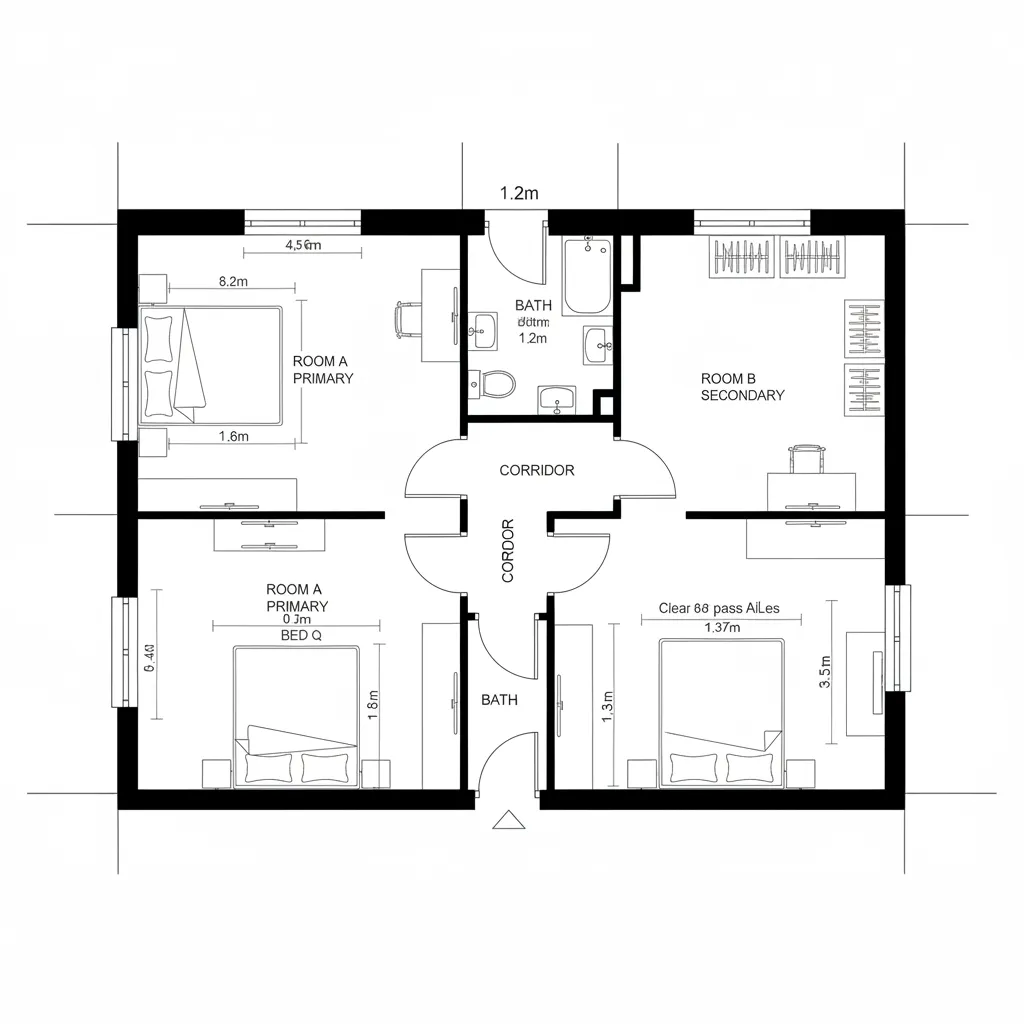 Black and white floor plan showing primary and secondary bedrooms with bathrooms and central corridor