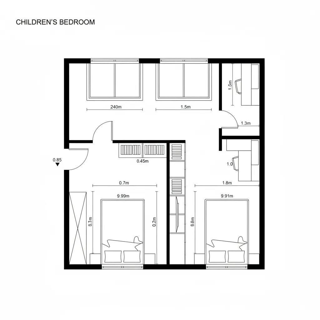 Children bedroom floor plan with two beds two study desks windows and room layout measurements