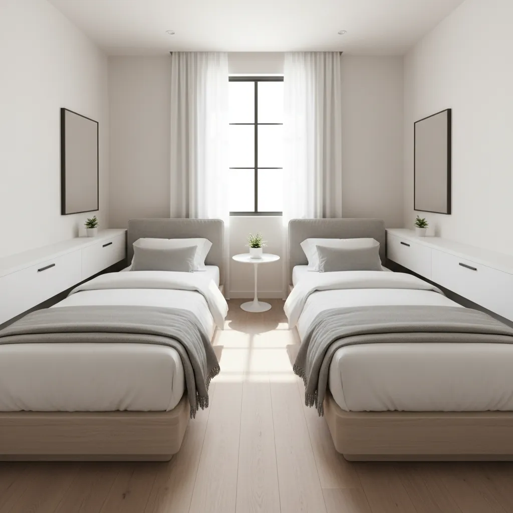 Two twin beds placed along opposite walls in a compact bedroom