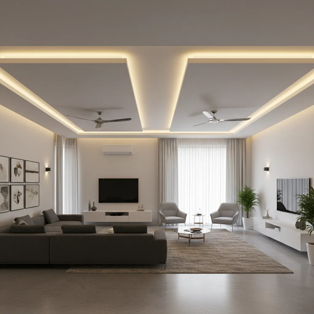 Large living room with twin decorative POP ceiling panels and two fans