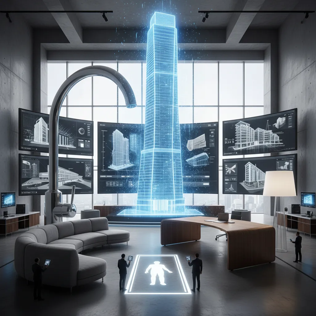Modern office interior featuring glowing blue skyscraper hologram with screens showing several interior design drawings