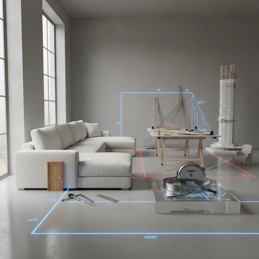 Interior design drawing featuring white sofa, wooden desk, building model, and glowing blue room layout