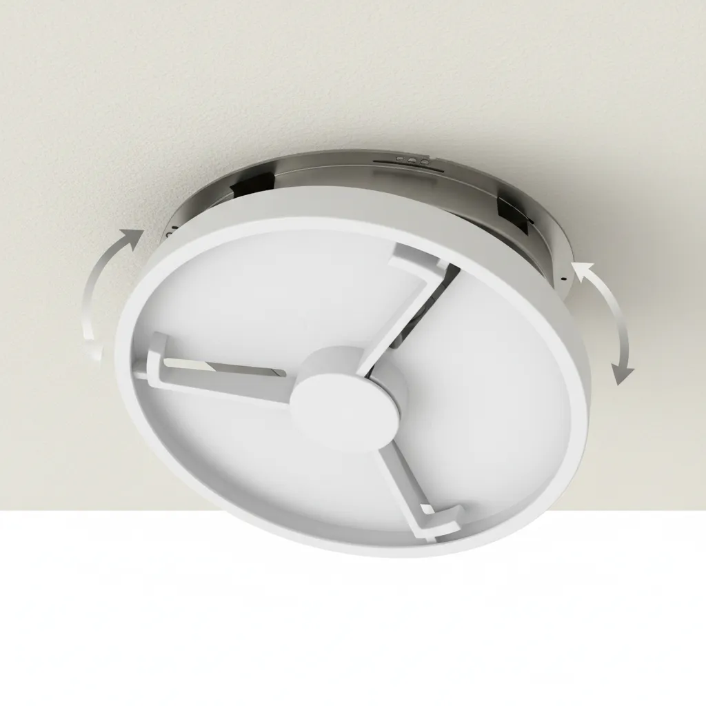 Twist lock tabs on a round bathroom fan cover showing rotational removal design