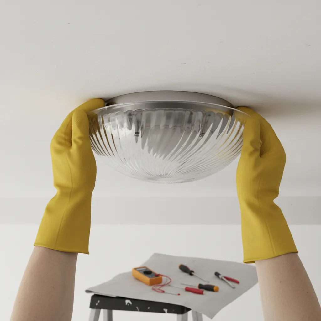 Hands twisting glass dome ceiling light cover to remove it
