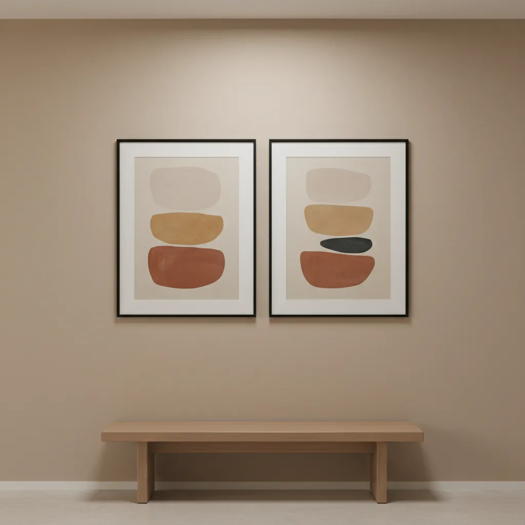 Two framed artworks with correct spacing displayed on a minimalist wall