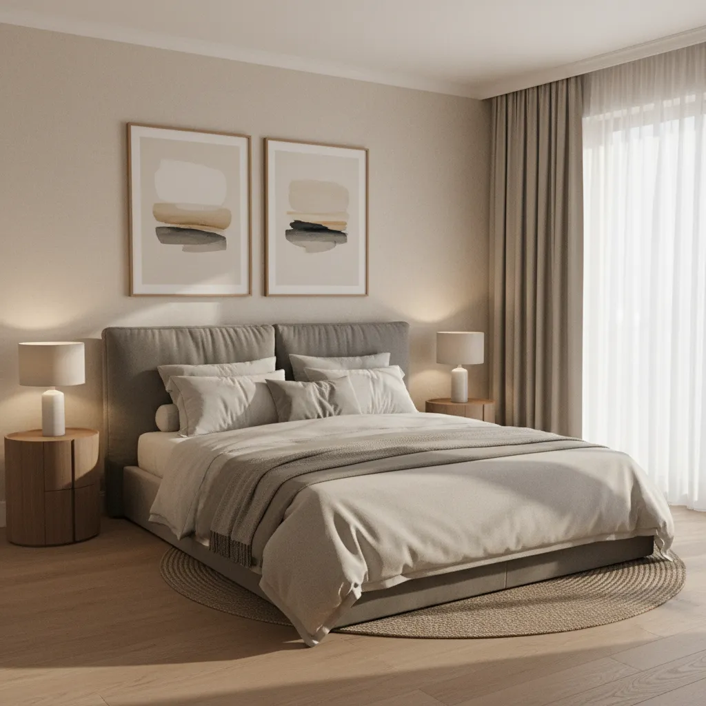 Bedroom wall with two framed artworks centered above a bed headboard
