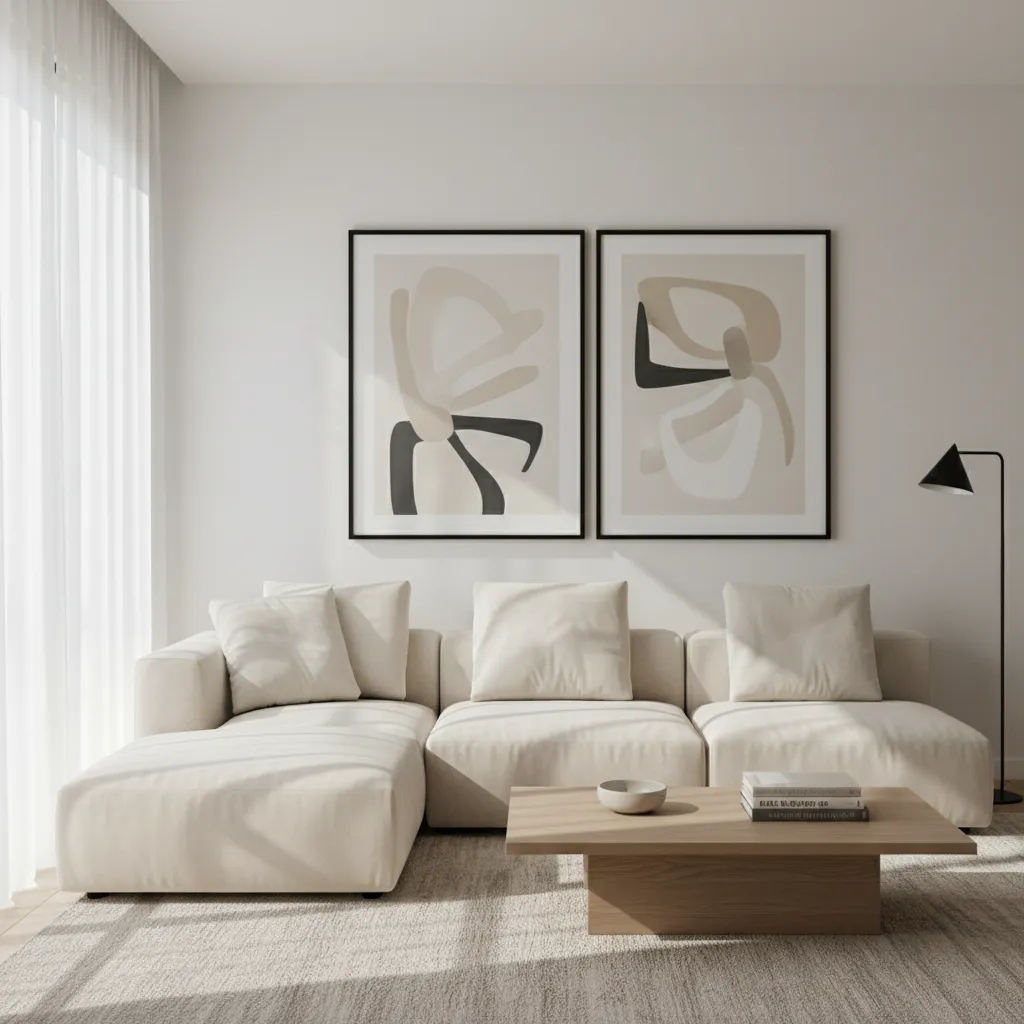 Two large framed pictures arranged side by side above a modern sofa in a living room