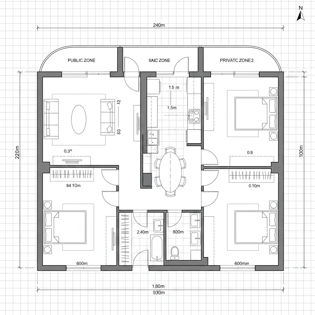 Detailed floor plan showing living area, kitchen with dining table, two bedrooms, and two bathrooms