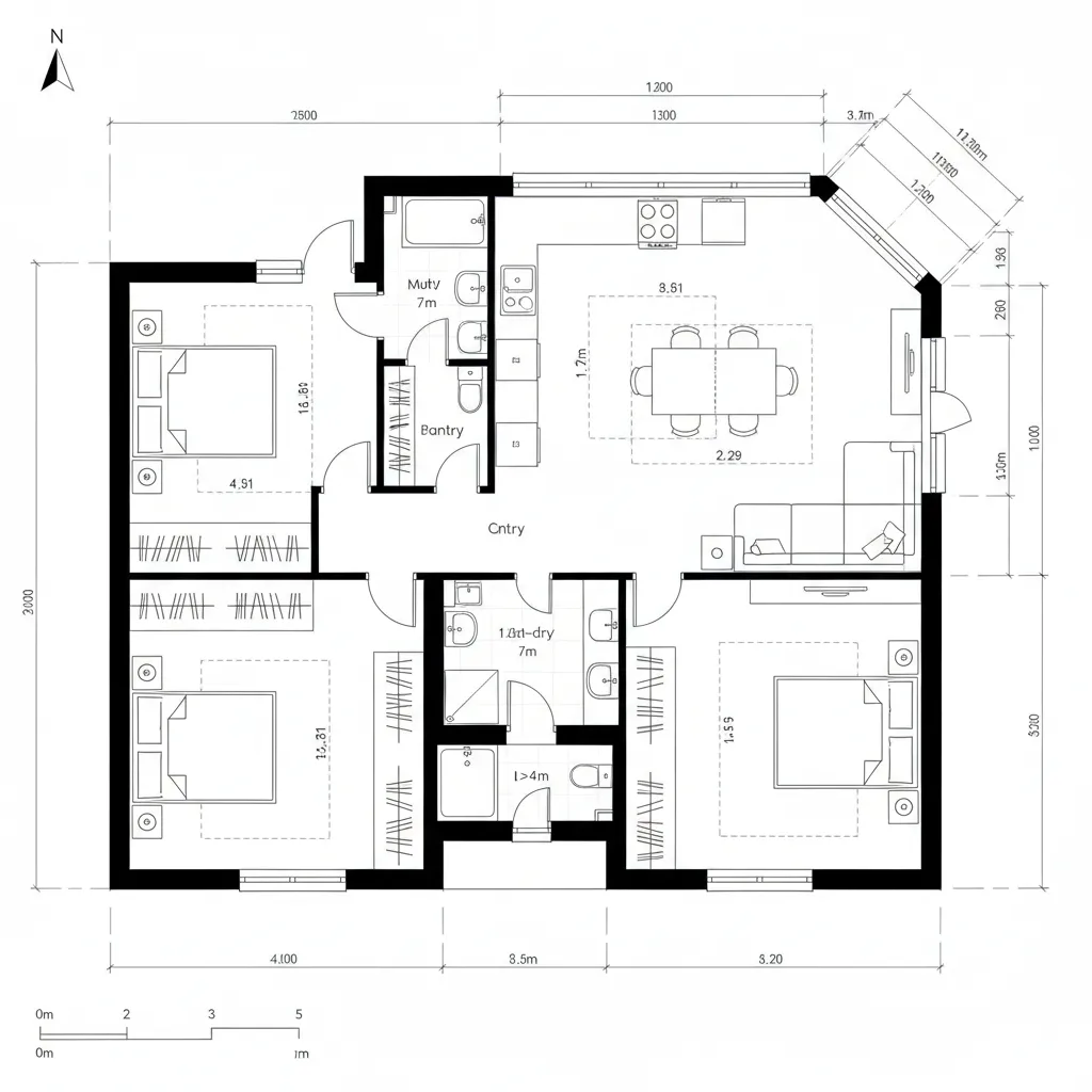 Two-Bed Corner Plan: Dual Cores for Multi-User Life