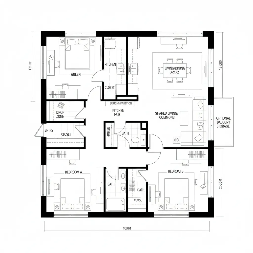 Modern three bedroom apartment floor plan with kitchen hub shared living area and three private bathrooms