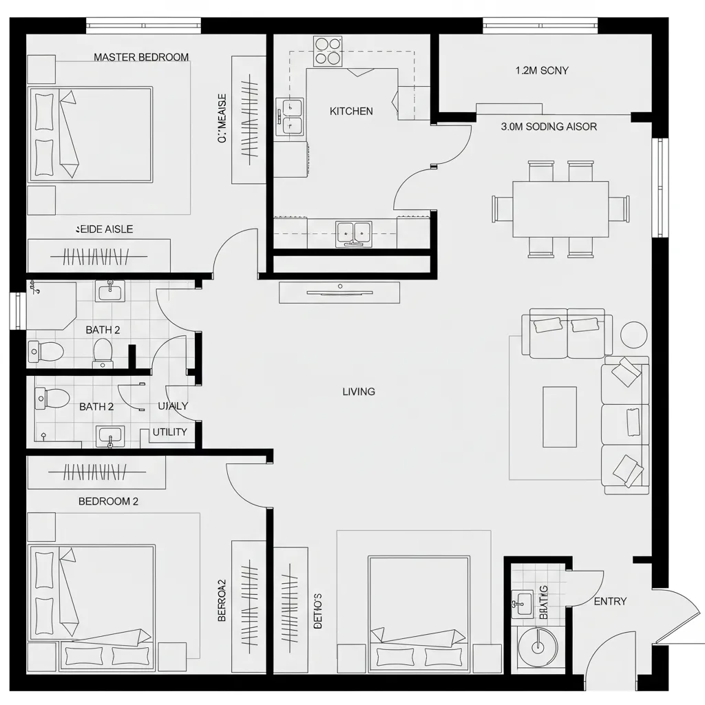 Top-down CAD plan of split two-bedroom with shared kitchen-living spine
