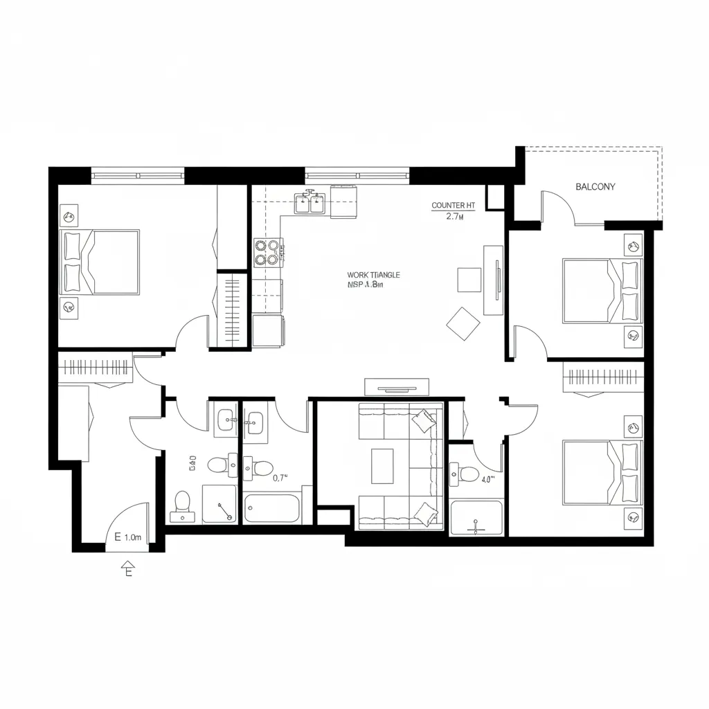 Detailed 2D floor plan showing three bedrooms, living area, kitchen, balcony, and two bathroom layouts