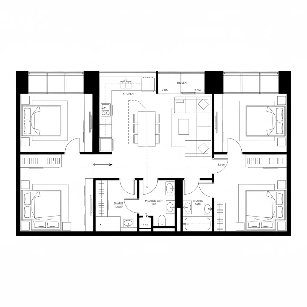 Coohom 2D floor plan showing a four bedroom apartment layout with kitchen and living area