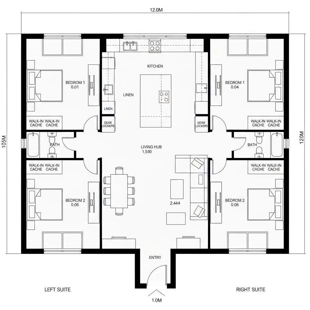 Detailed floor plan showing four bedrooms, kitchen with island, dining area, sofa, and labeled rooms