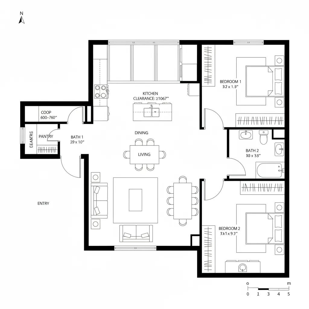 Detailed floor plan of a two bedroom apartment showing living room kitchen dining and two bathrooms