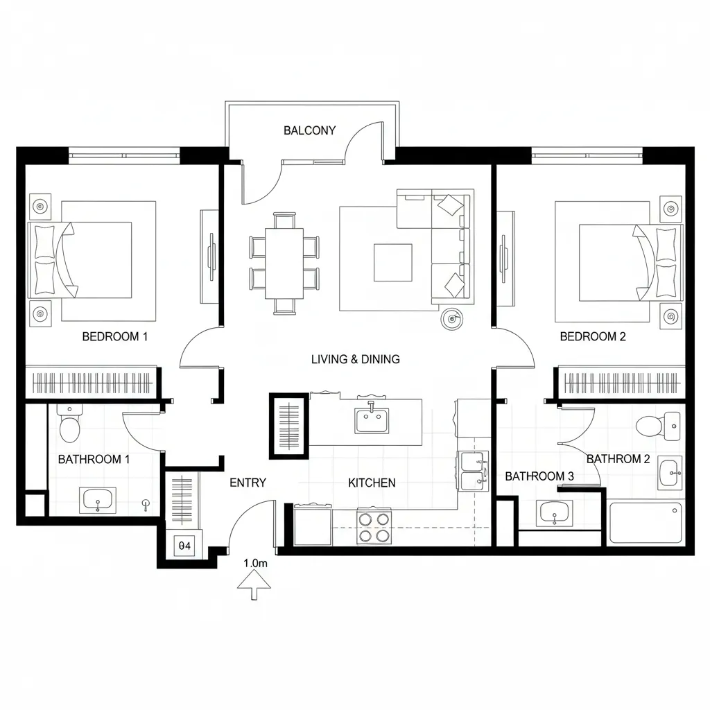 Top-down CAD plan of compact two-bed split with central living and wet wall bathrooms