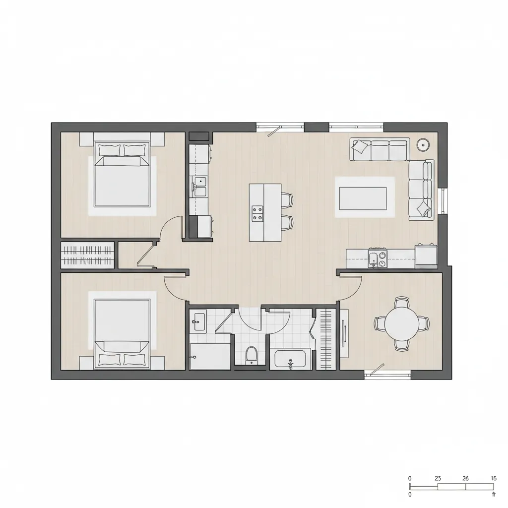Two bedroom apartment floor plan layout with living area kitchen island dining table and one bathroom