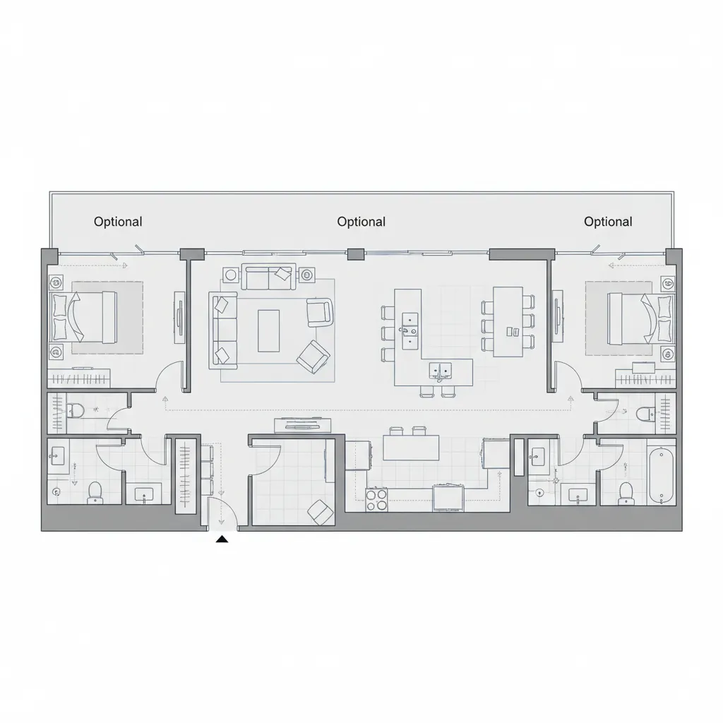 Two bedroom apartment blueprint with split bedroom layout and central living room