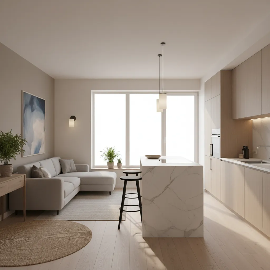 open living room and kitchen in a compact two bedroom apartment layout
