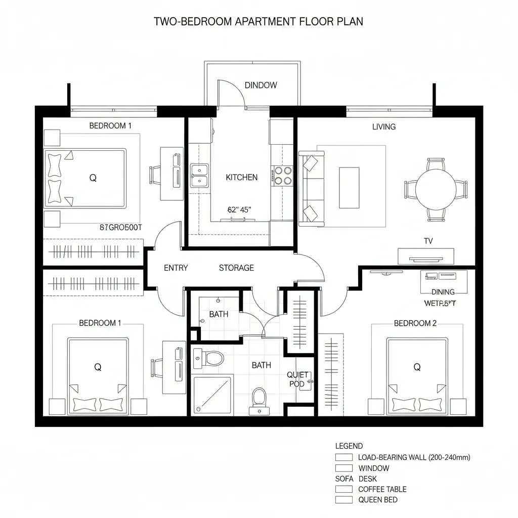 Top-down CAD plan of two-bedroom apartment with central spine and flexible node