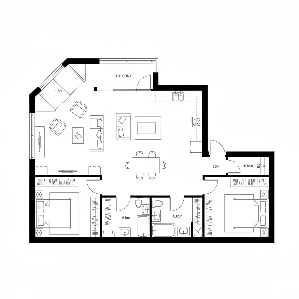 Two bedroom apartment floor plan with kitchen dining area living room two bathrooms and small balcony