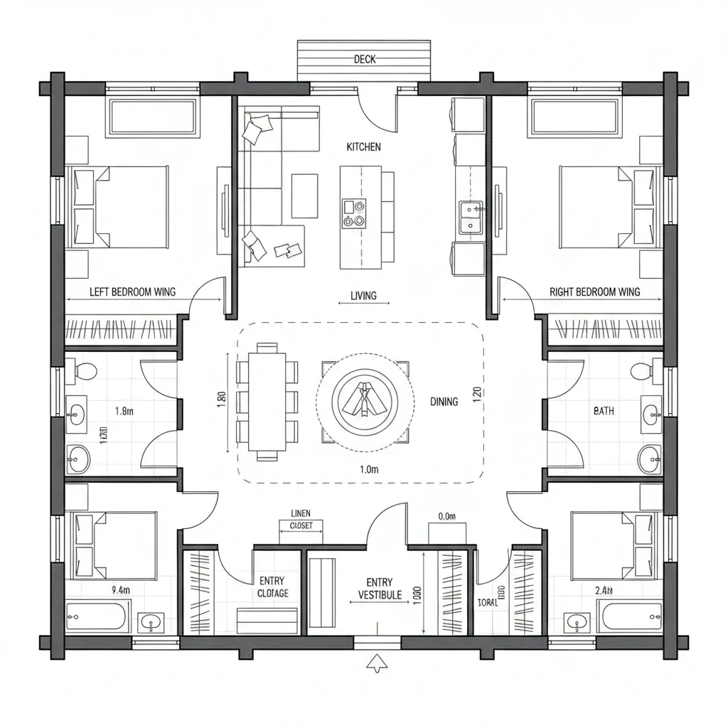 Top-down CAD plan of a two-bedroom cross-axis cabin with central hearth