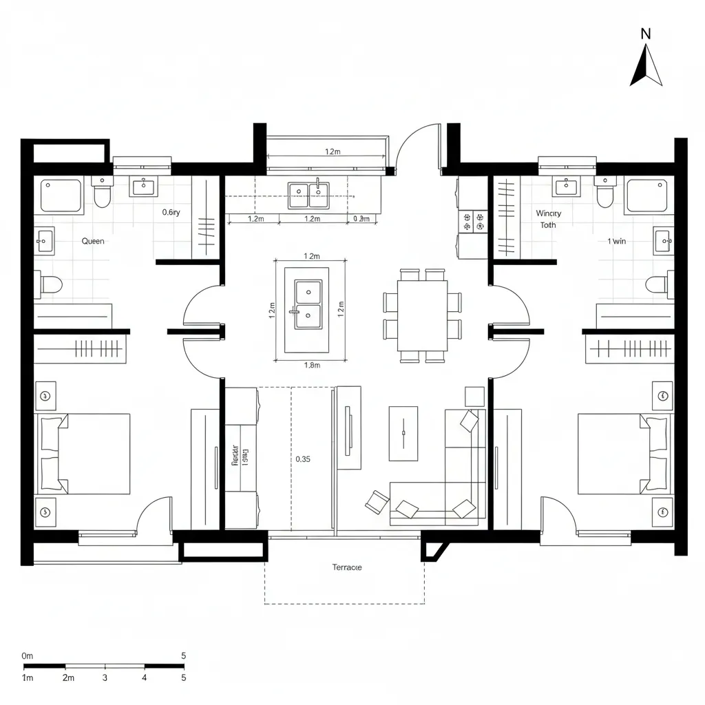 Top-down CAD plan of split two-bedroom resort unit with island hub and terrace axis