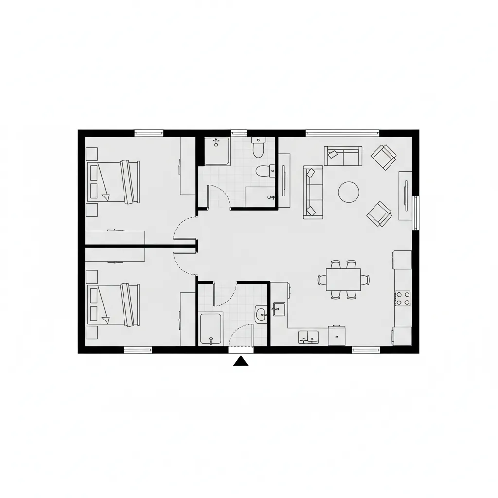 Simple floor plan layout showing two bedrooms one bathroom and open living and dining space